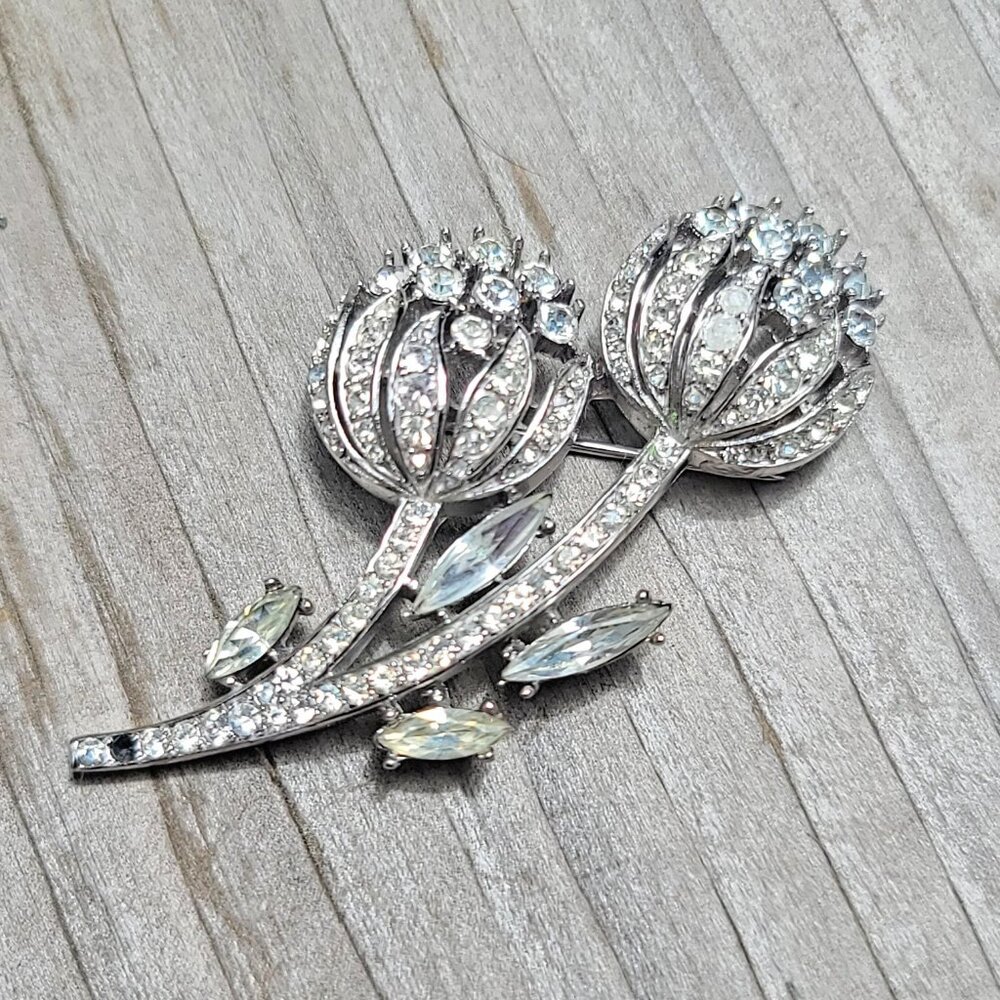 Crown Trifari Thistle Rhinestone Brooch, Floral Flower Spray Pin Rhodium Plated